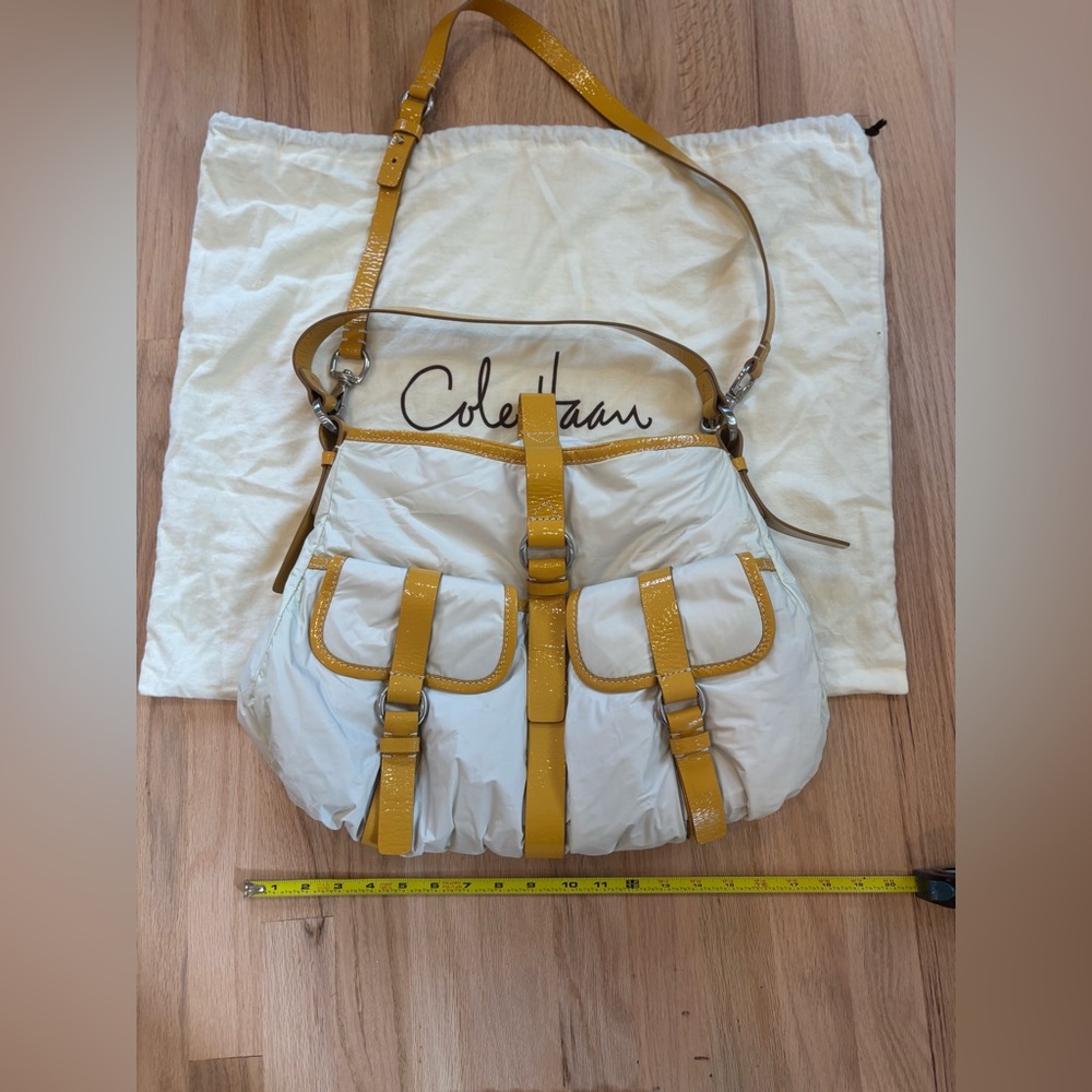 NWT COLE HAAN SHOULDER BAG  In White With Leather Mustard Yellow Trim